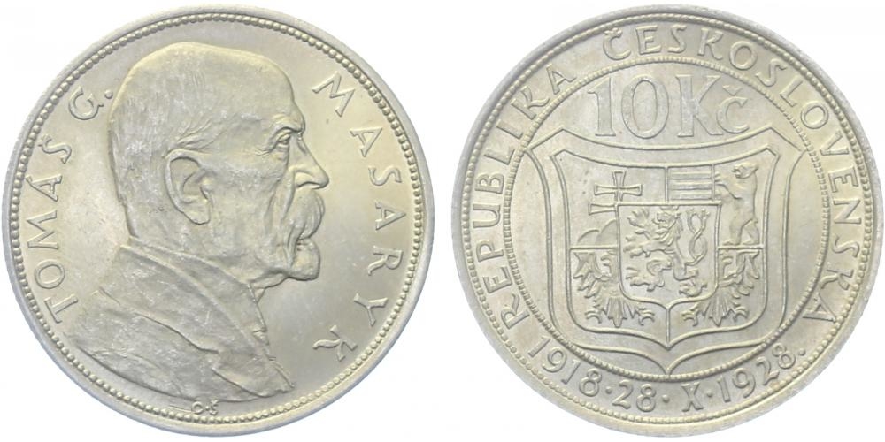 Ag 10 koruna 1928 - T. G. Masaryk, mince