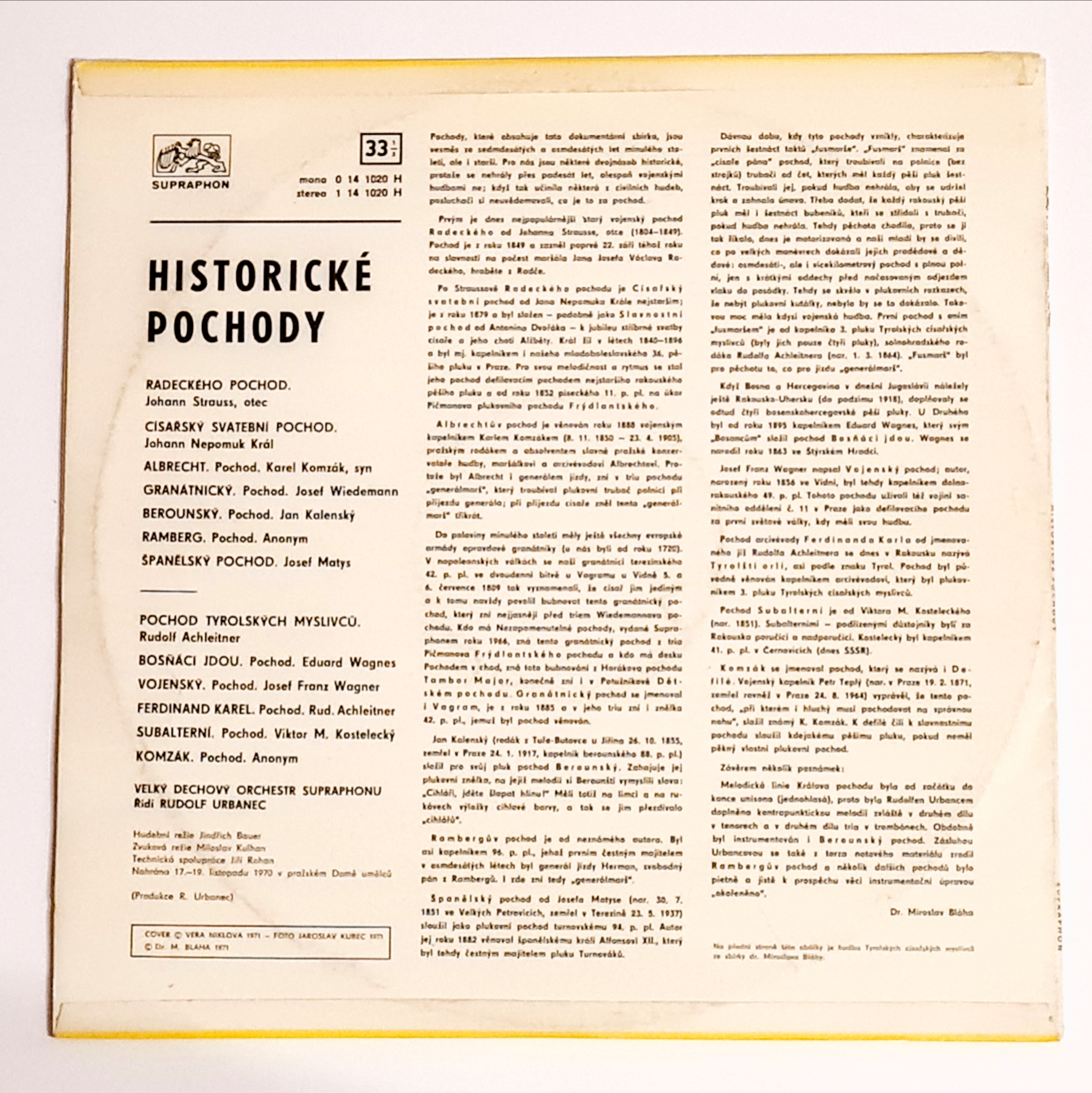 Velký Dechový Orchestr Supraphonu – Historické Pochody 1972 EX, VYPRANÁ Vinyl (LP)