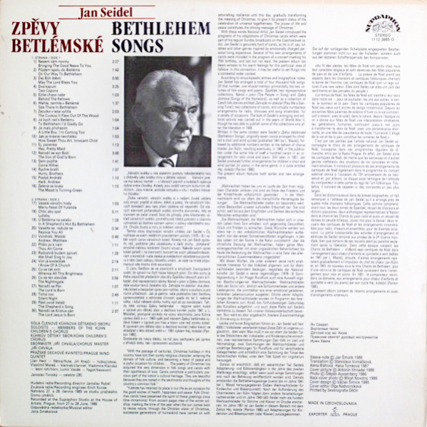 JanJan Seidel - Kühnův Dětský Sbor, Pražské Dechové Kvinteto, Jiří Chvála – Zpěvy Betlémské (Bethlehem Songs) 1987 EX, VYPRANÁ Vinyl (LP)