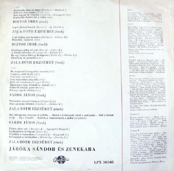 Járóka Sándor És Zenekara, Bojtor I., Zala-Tóth E., Sárdy J. – Magyar Nóták És Csárdások (Hungarian Folk Songs) 1988 VG, VYPRANÁ Vinyl (LP)