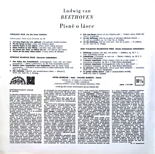 Peter Schreier – Zpívá Beethovenovy Milostné Písně 1974 NM, VYPRANÁ Vinyl (LP + příloha)