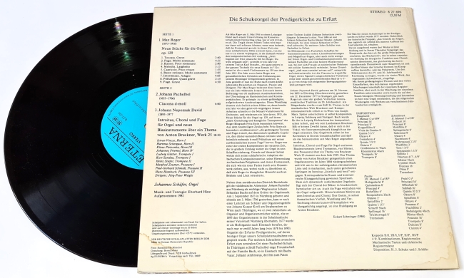 Johannes Schäfer, Reger, Pachelbel, David – Die Schukeorgel Der Predigerkirche Zu Erfurt - Johannes Schäfer Spielt Werke Von Reger, Pachelbel Und David 1984 EX, Vinyl (LP)