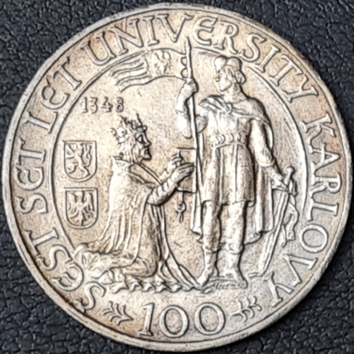 Ag 100 koruna 1948 - 600. výročí založení University Karlovy, mince