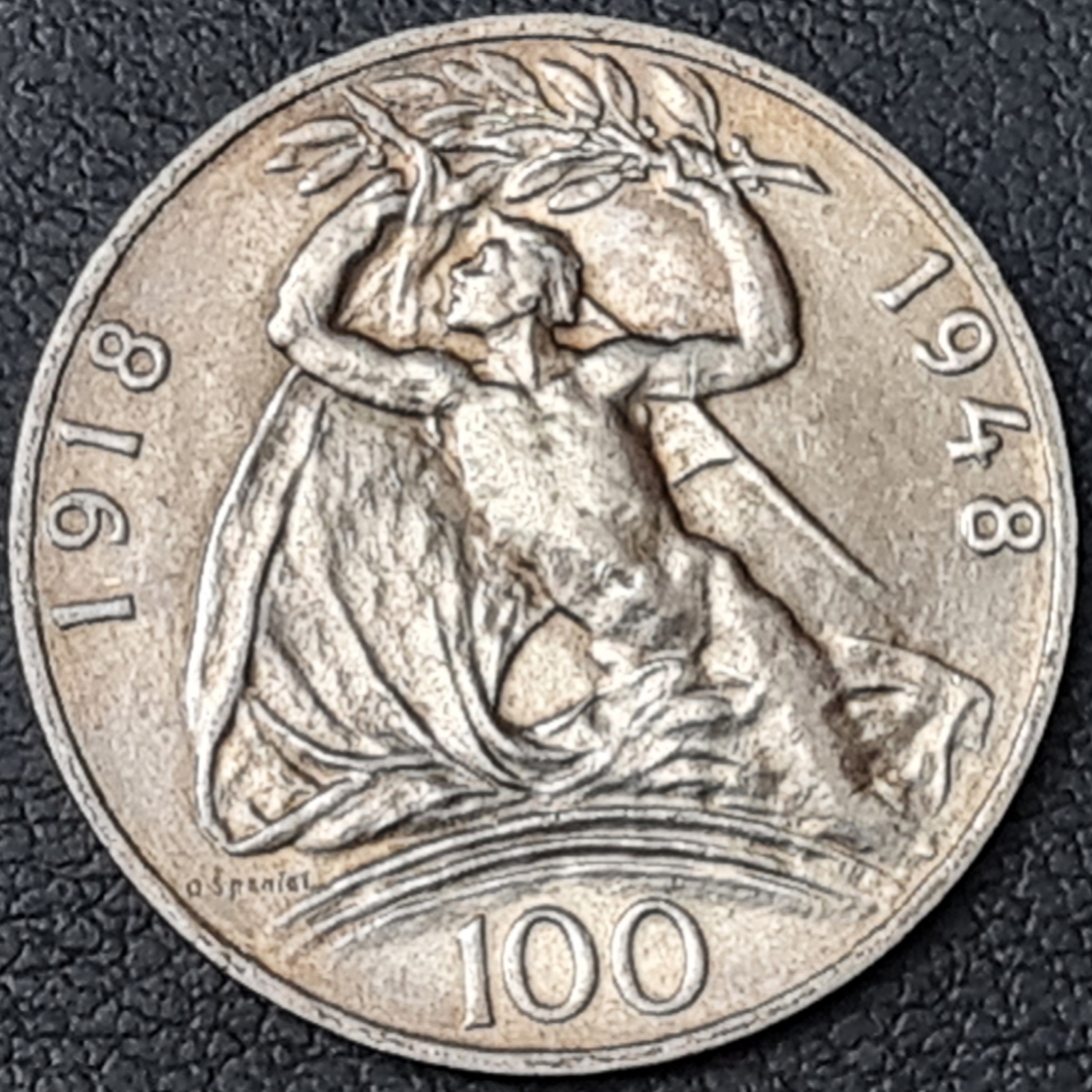 Ag 100 koruna 1948 - 30. výročí vzniku Československé republiky, mince