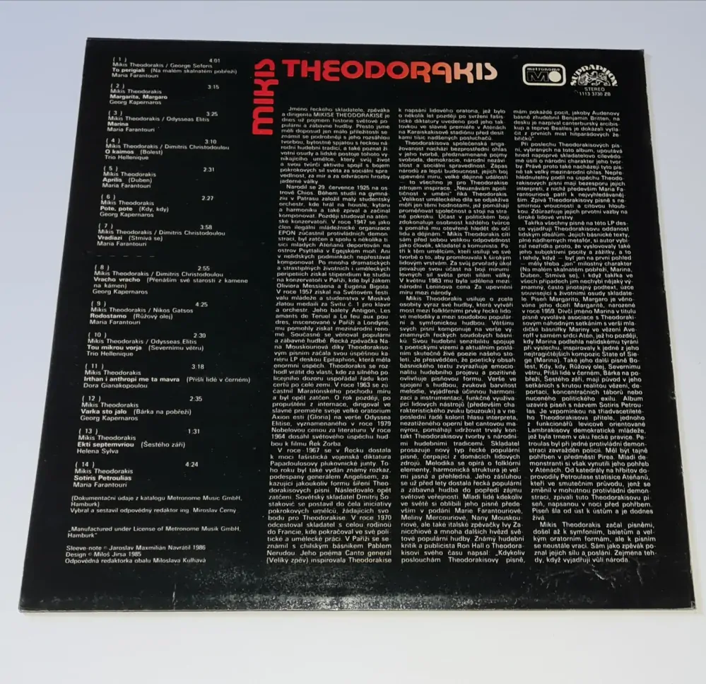 Theodorakis – Mikis Theodorakis 1985 VG+, VYPRANÁ Vinyl (LP)