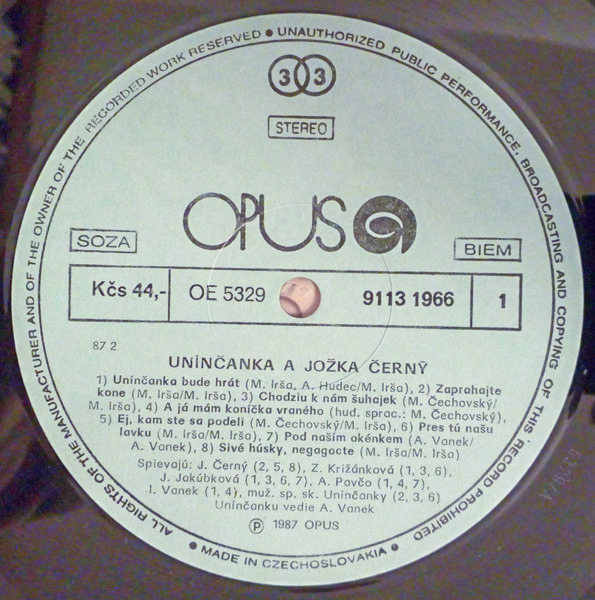 Unínčanka A Jožka Černý – Unínčanka A Jožka Černý 1987 EX, VYPRANÁ Vinyl (LP)