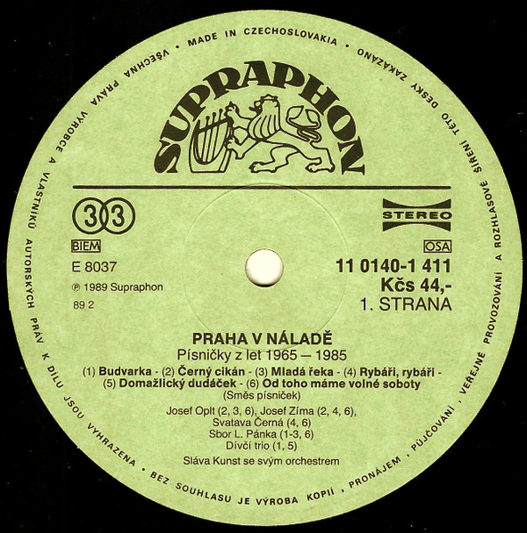 Josef Zíma, Alena Rychetská, Josef Oplt, Svatava Černá, Sláva Kunst Se Svým Orchestrem – Praha v náladě (Písničky Z Let 1965-1985) 1989 VG+, VYPRANÁ Vinyl (LP)