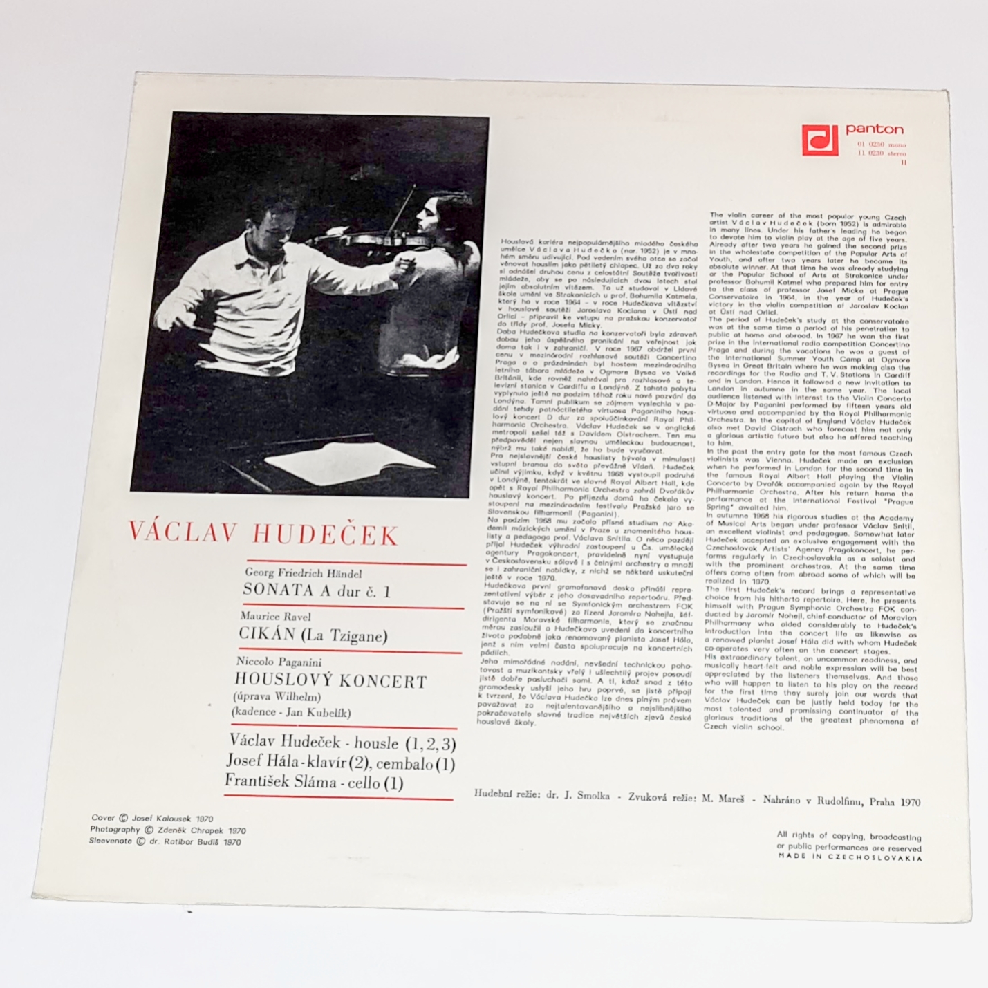 Václav Hudeček – Václav Hudeček 1970 VG+ Vinyl (LP)