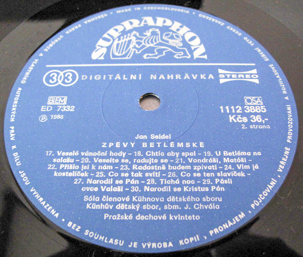 JanJan Seidel - Kühnův Dětský Sbor, Pražské Dechové Kvinteto, Jiří Chvála – Zpěvy Betlémské (Bethlehem Songs) 1987 EX, VYPRANÁ Vinyl (LP)