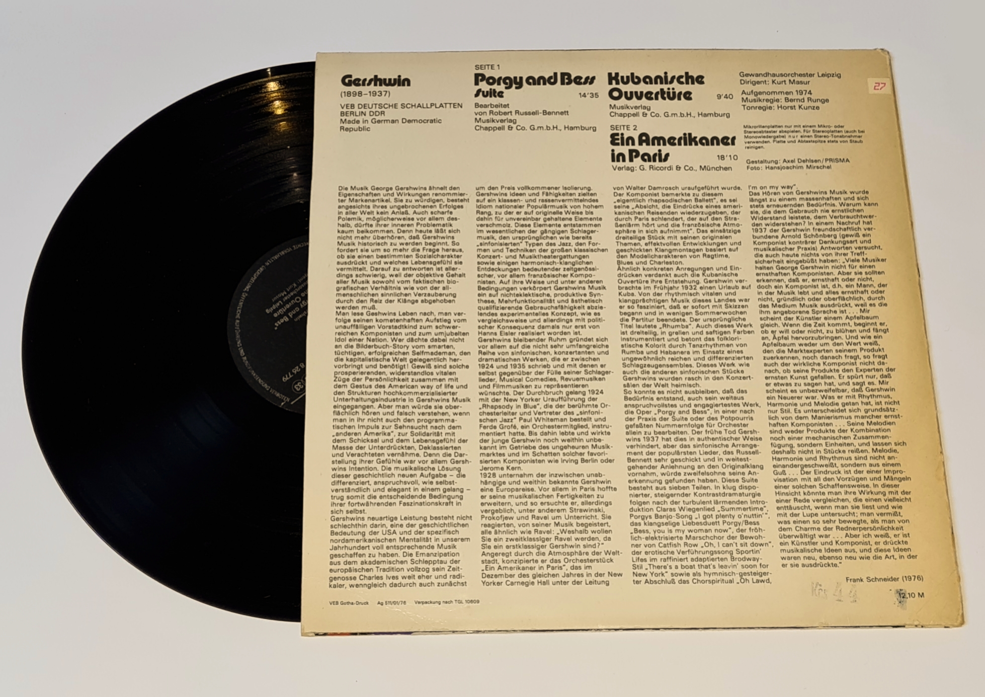 Gershwin - Gewandhausorchester Leipzig · Kurt Masur – Porgy And Bess Suite / Kubanische Ouvertüre / Ein Amerikaner In Paris 1976 EX, VYPRANÁ Vinyl (LP)