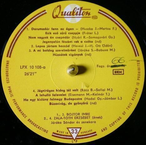 Járóka Sándor És Zenekara, Bojtor I., Zala-Tóth E., Sárdy J. – Magyar Nóták És Csárdások (Hungarian Folk Songs) 1988 VG, VYPRANÁ Vinyl (LP)