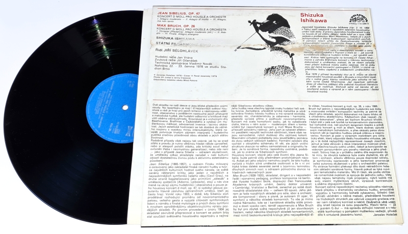 Sibelius / Bruch, Shizuka Ishikawa, Státní Filharmonie Ostrava, Jiří Bělohlávek – Violin Concerto / Violin Concerto No. 1 1979 EX VYPRANÁ Vinyl (LP)