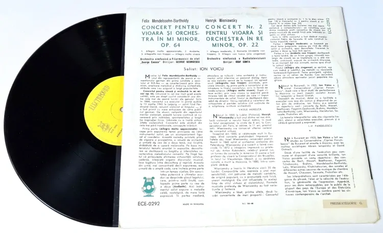 Mendelssohn Bartholdy / Wieniawsky - Solist Ion Voicu – Concert Pentru Vioară Și Orchestră În Mi Minor / Concert Nr. 2 Pentru Vioară Și Orchestră În Re Minor 1966 VG+, VYPRANÁ Vinyl (LP)