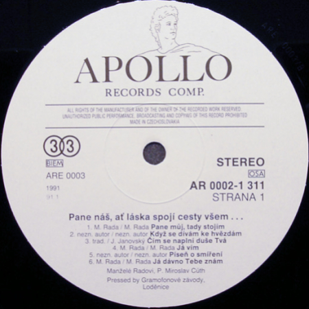 Manželé Radovi – Pane Náš, Ať Láska Spojí Cesty Všem... 1991 EX, VYPRANÁ Vinyl (LP)