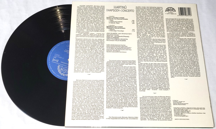Martinů, Josef Suk, Josef Páleníček, Václav Neumann, Czech Philharmonic Orchestra – Rhapsody-Concerto For Viola And Orchestra - Piano Concerto No.3 1989 EX-, VYPRANÁ Vinyl (LP)