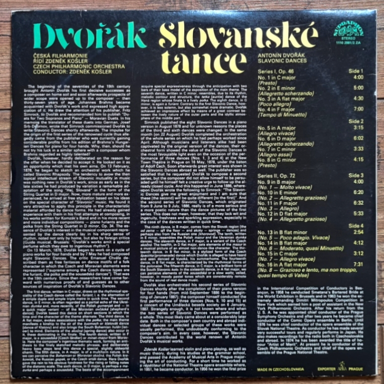 Dvořák, Czech Philharmonic Orchestra, Zdeněk Košler - Slovanské Tance 1980 VG+, VYPRANÉ Vinyl (2LP)
