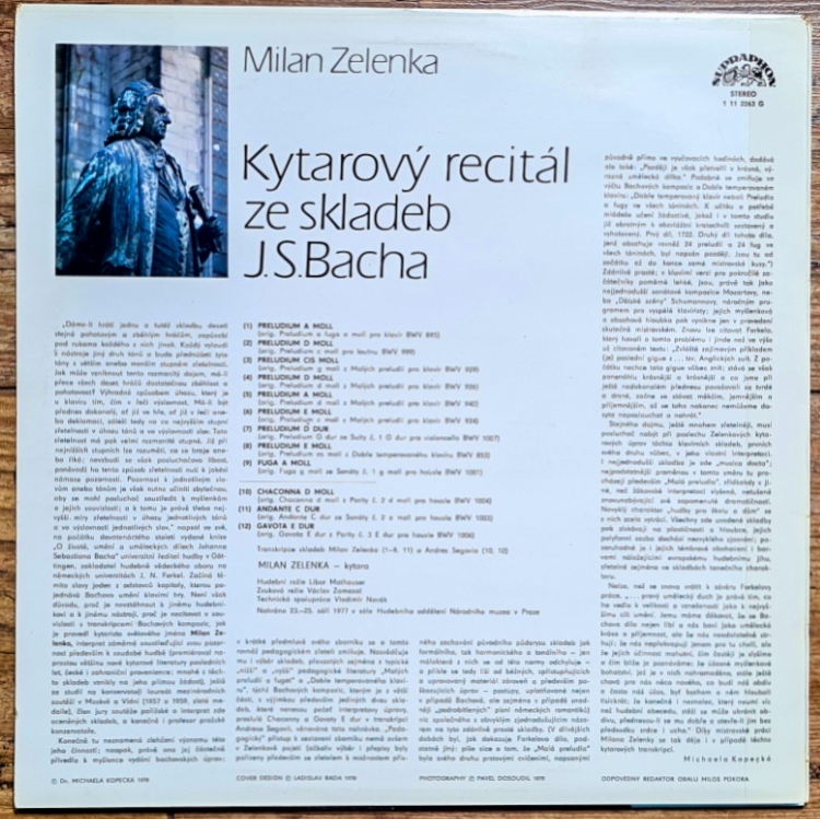 KYTAROVÝ RECITÁL ZE SKLADEB J. S. BACHA – MILAN ZELENKA 1978 VG, VYPRANÁ Vinyl (LP)