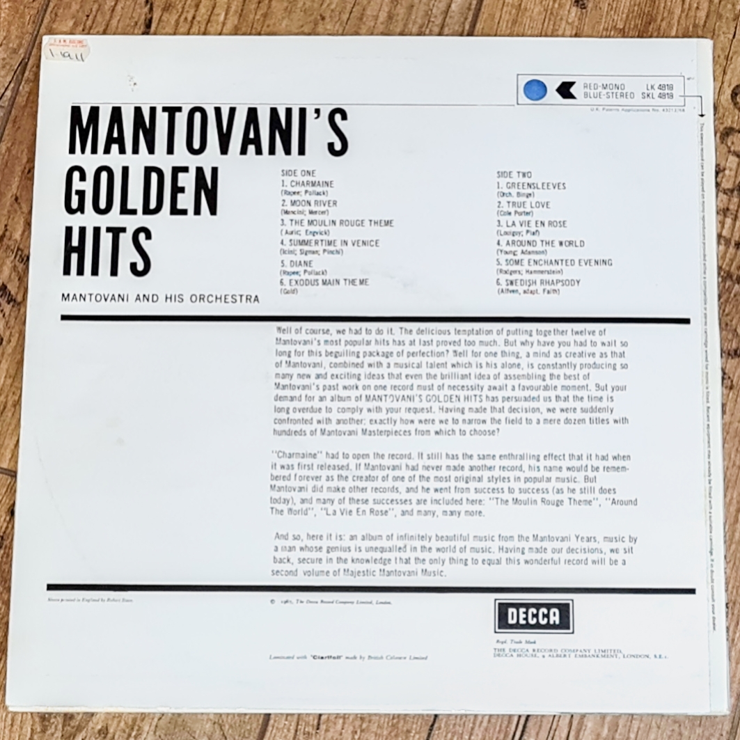 Mantovani And His Orchestra – Mantovani's Golden Hits 1967 VG, VYPRANÁ Vinyl (LP)