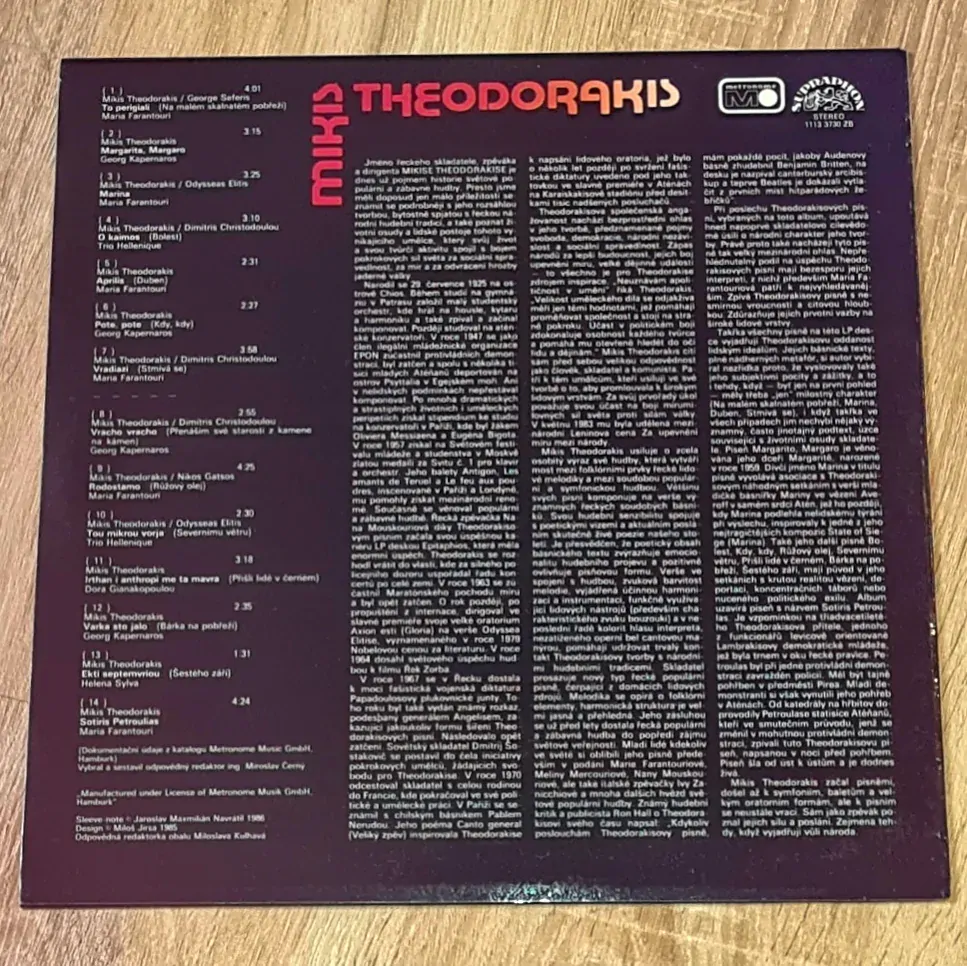 Theodorakis – Mikis Theodorakis 1985 EX, VYPRANÁ Vinyl (LP)