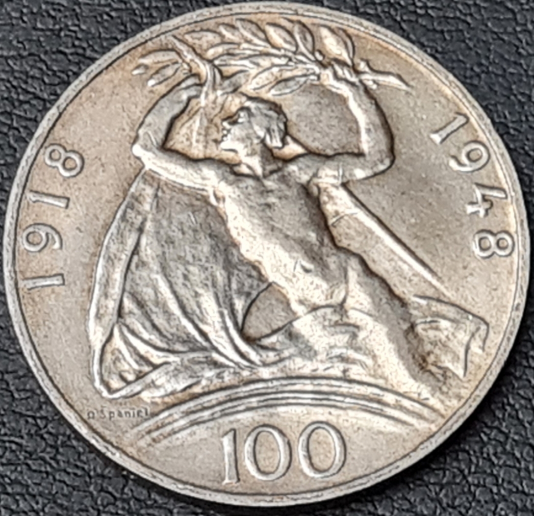 Ag 100 koruna 1948 - 30. výročí vzniku Československé republiky, mince