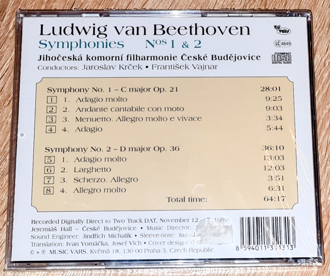 Ludwig van Beethoven, Jihočeská komorní filharmonie České Budějovice  – Symphonies N°1 & 2 1997 CD (nerozbalené)