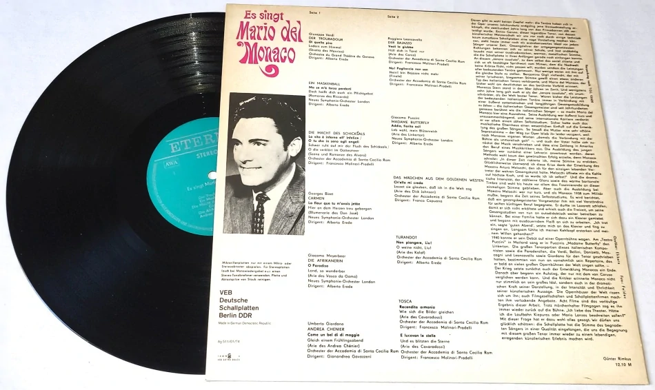 Mario del Monaco – Es Singt Mario Del Monaco 1974 EX, VYPRANÁ Vinyl (LP)