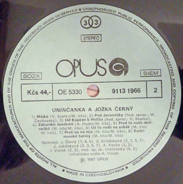 Unínčanka A Jožka Černý – Unínčanka A Jožka Černý 1987 EX, VYPRANÁ Vinyl (LP)