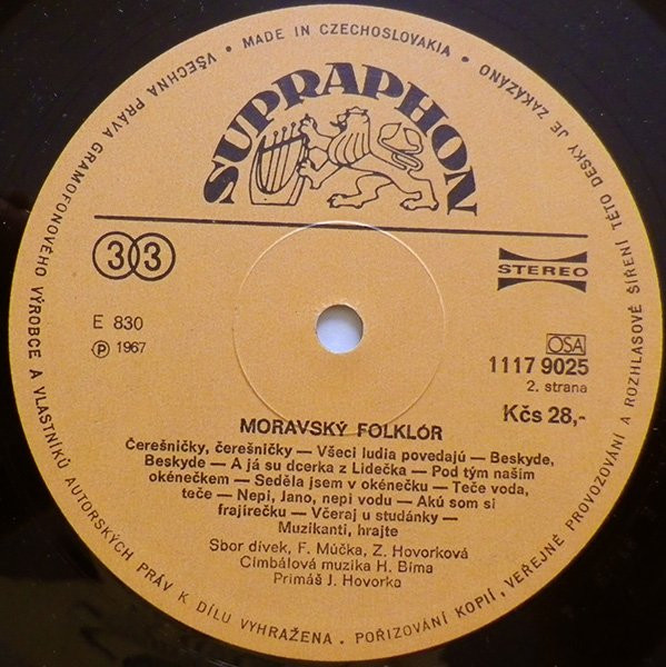 Cimbálová Muzika Hynka Bíma – Moravský Folklór 1985 EX, VYPRANÁ Vinyl (LP)