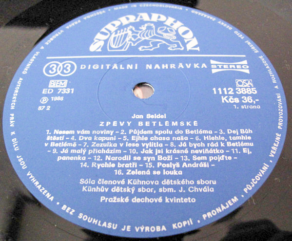 JanJan Seidel - Kühnův Dětský Sbor, Pražské Dechové Kvinteto, Jiří Chvála – Zpěvy Betlémské (Bethlehem Songs) 1987 EX, VYPRANÁ Vinyl (LP)