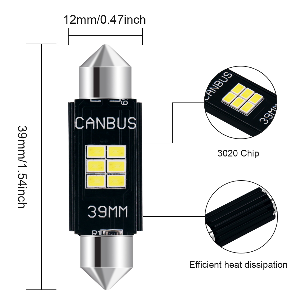 LED žárovky (10ks) C5W 6 SMD 3020 (39mm) CAN BUS - Bílá 10 - 30V, Výhodné balení!