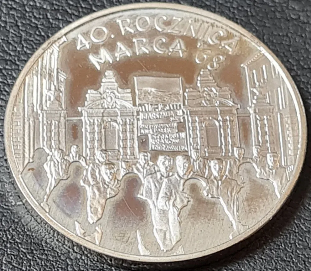 Ag 10 zlotých, 40. výročí Března 68 2008 Polsko, mince Proof