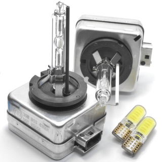 Flyseen Sada 2 výbojky D3S - 4300K (kovové úchyty) + 2ks LED žárovka W5W T10 - Bílá (COB LED)