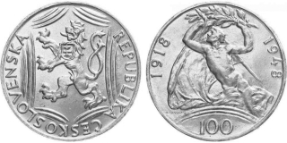 Ag 100 koruna 1949 - 700. výročí vydání jihlavského horního práva, mince