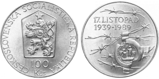 Ag 100 Koruna 1989, 17. listopad 1939 mince