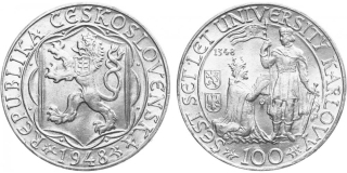 Ag 100 koruna 1948 - 600. výročí založení University Karlovy, mince