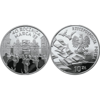 Ag 10 zlotých, 40. výročí Března 68 2008 Polsko, mince Proof