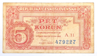 5 Korun 1949 - ČESKOSLOVENSKO, bankovka